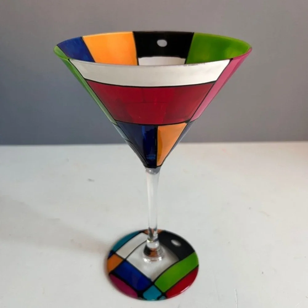 Martini Glasses Hand Painted Colorful Art Glass MCM Cocktail Barware Set Patio‎